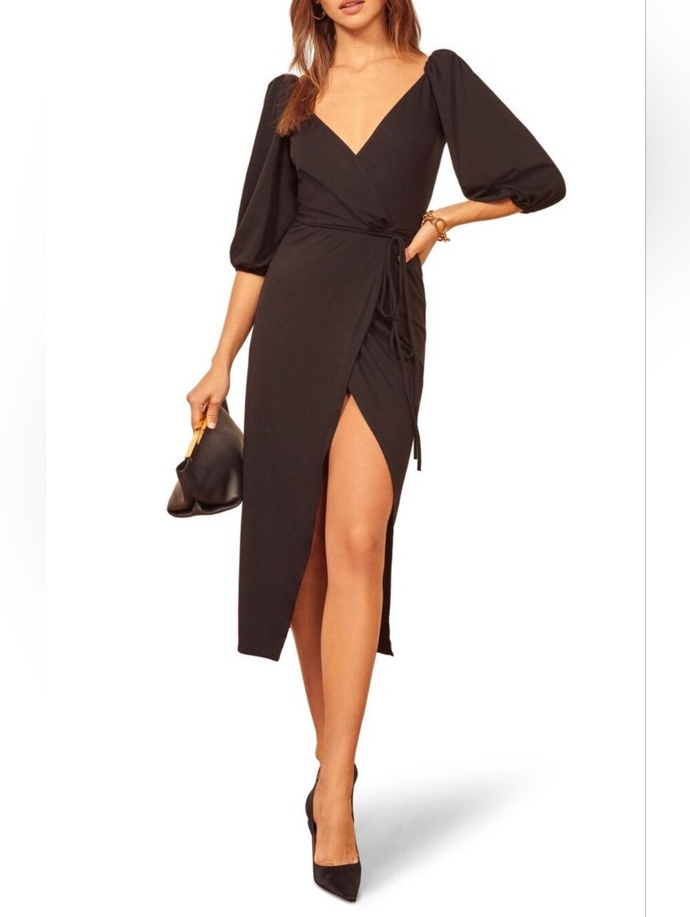 Reformation Black Wrap Midi Dress with Puff Sleeves SZ  Large